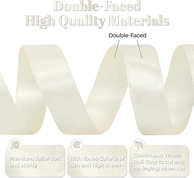 Antique White Satin Ribbon, Double Faced 7/8 Inch X 50 Yards Antique White Ribbon, Premium Satin Ribbon for Gift Wrapping, Crafts, Hair Bow Making, Sewing, Flower Bouquet, Wedding Party Decor