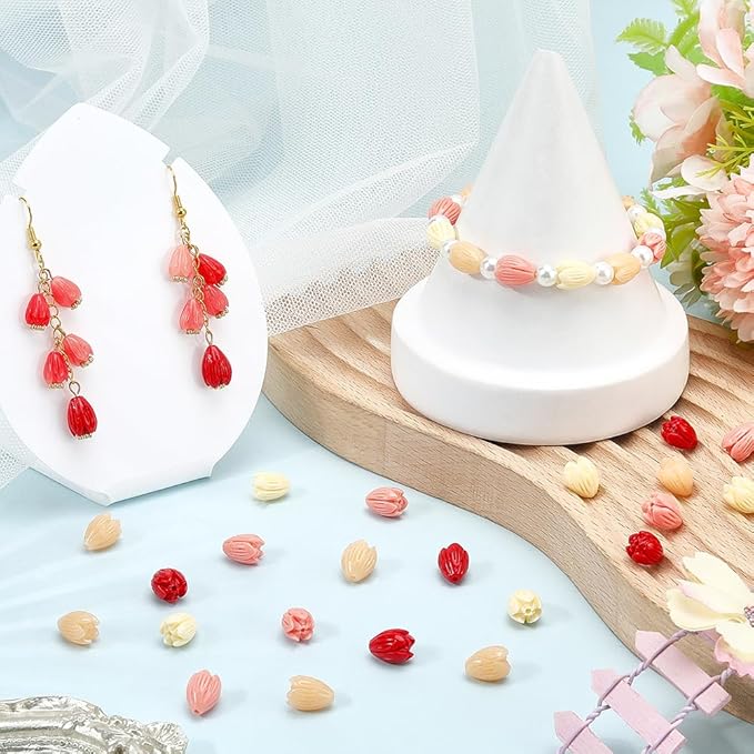 1 Box 100Pcs 4 Colors Carved Flower Beads 3D Floral Beads Colorful Artificial Red Jasmine Synthetic Coral Dyed Small Smooth Spacers Findings for Jewelry Making Bracelets Necklaces DIY Crafts