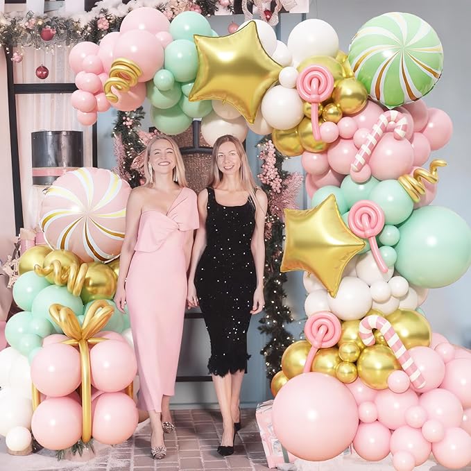 Christmas Decorations Balloons Arch Kit, Pastel Pink Green White Gold Balloons with Star Peppermint Candy Cane Foil Balloon for Christmas Xmas Gingerbread Nutcracker Baby Shower Birthday Party Decor