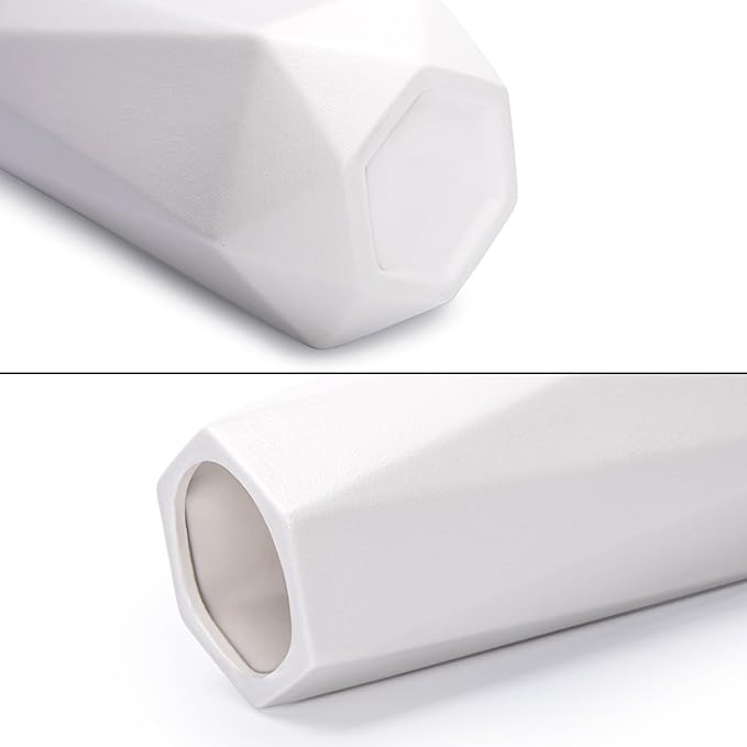D'vine Dev 8 Inch Snow White Ceramic Vase, Geometric Handmade Craft Flower Vase with Design Box Packaged, VS-GM-SW-8