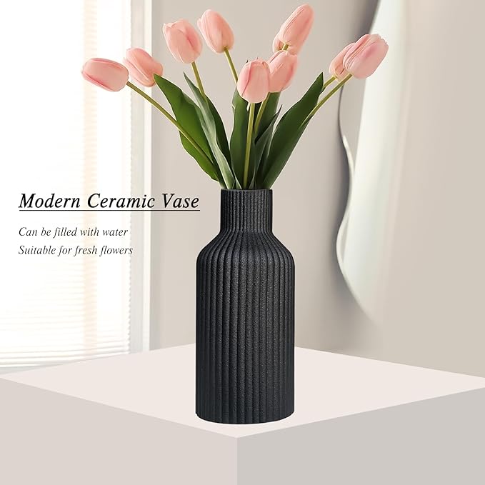Ceramic Flower Vase, Minimalist Modern Home Decor, Matte Finish Pampas Grass Vase for Table, Fireplace, Shelf, Mantel, Entryway and Centerpieces (Black)