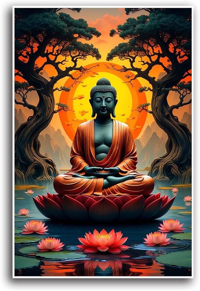 Canvas wall art Golden Buddha on lotus at sunset Ancient trees with reflections on water Serene meditation scene Uplifting wall art for mindfulness and tranquil home decor 32x48in Frameless