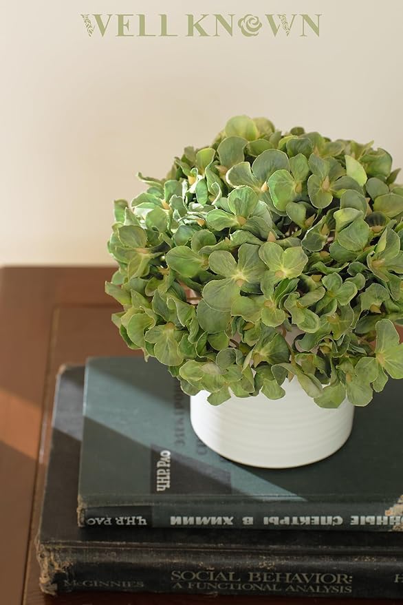 Hydrangea Fake Flowers in Vase, Artificial Flowers with Ceramic Vase Small Faux Potted Plant Arrangements for Bathroom Home Desk Kitchen Counter Vanity Shelf Coffee Table Centerpiece Decor (Green)