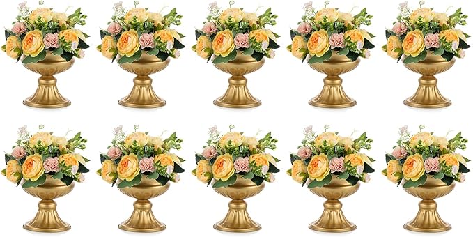Nuptio Gold Vases for Centerpieces - 10 Pcs, 6.5in Height Metal Urn Planter Elegant Wedding Centerpieces for Tables - Trumpet Vase for Weddings and Party Decoration