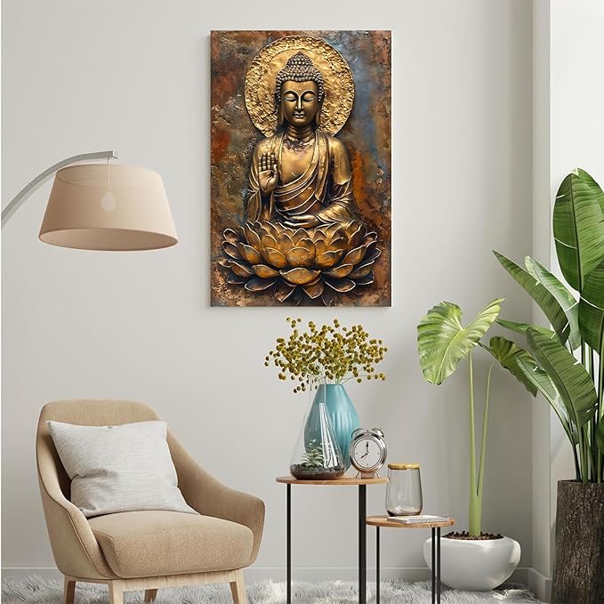 Buddha Wall Art Golden Buddha in Lotus Seat Serene spiritual statue radiant aura Meditation and mindfulness wall art suitable for sacred spaces 28x40in Wood Framed