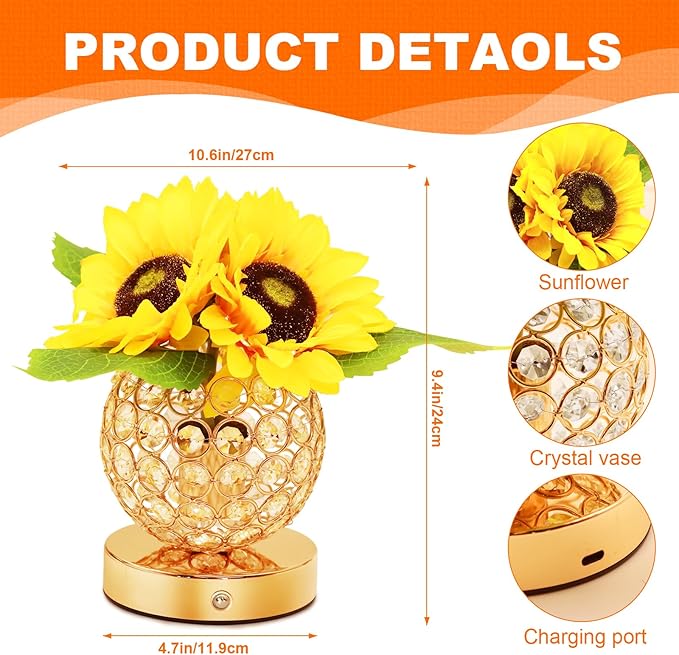Sunflower Gifts for Women,Sunflower Flower Home Decor Touch Table Lamp,3-Colour Dimming Rechargeable Cordless Small Night Light for Festival Housewarming Birthday Gift for Mom