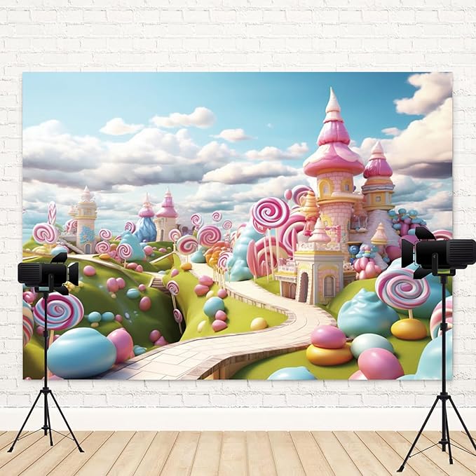 10x8ft Candyland Backdrop Fantasy Candy Castle Photography Background Sweet Lollipop Dream Blue Sky White Cloud Kids Birthday Banner Decorations Baby Shower Newborn Portrait Photo Booth Prop