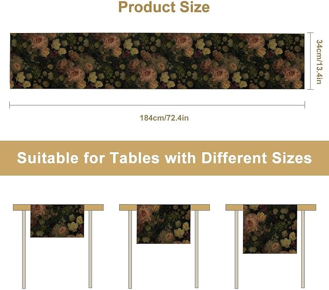 Vintage Floral Table Runner,Pink Flowers Rose Gothic Print Table Runner for Home Kitchen Table Dining Indoor Outdoor Party Decor 13x70 Inch