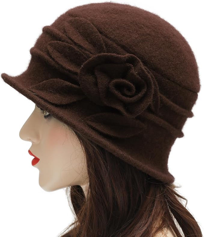ZLYC Women Wool Cloche Bucket Hat 1920s Vintage Dress Winter Hats with Flower Accent