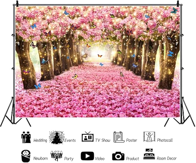 Renaiss 5x3ft Pink Cherry Blossom Backdrop Fairy Tale Romantic Pink Flowers Tree Butterfly Floral Petal Falling Boulevard Photography Background for Wedding Newborn Party Decor Photo Props
