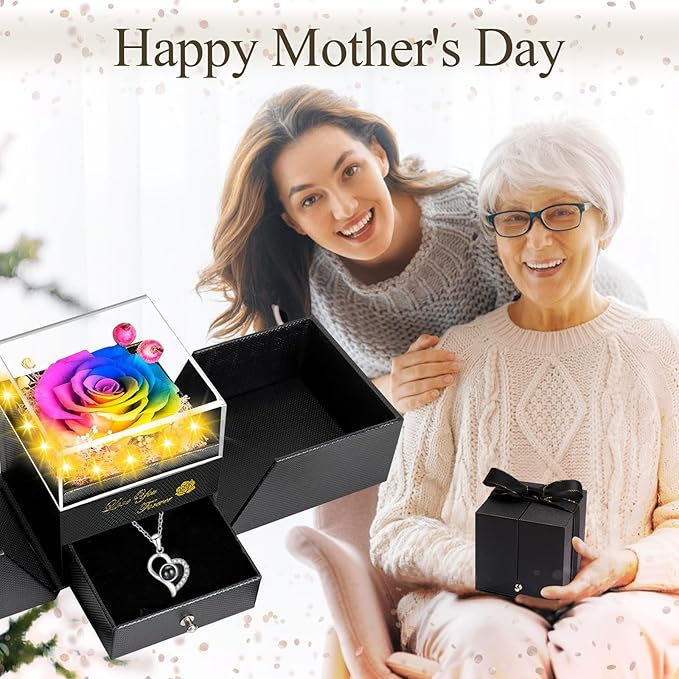 Preserved Real Rose-Eternal Flowers Rose Mothers Day for Mom Women Her Wife Girlfriend on Birthday Valentines with I Love You Necklace 100 Languages Romantic Gift (Color)