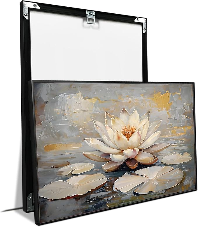 Ethereal white lotus floating on Crystal Waters poster vintage oil painting printwall art soft blush and gold accents serene home and office decor dreamy 8x12in Metal blackFramed