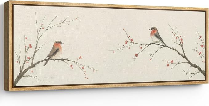 SIGNFORD Large Framed Canvas Print Wall Art Minimalist Birds on Branches with Red Berries Illustrations Modern Art Relax/Calm Warm for Living Room, Bedroom, Office - 60"x20"