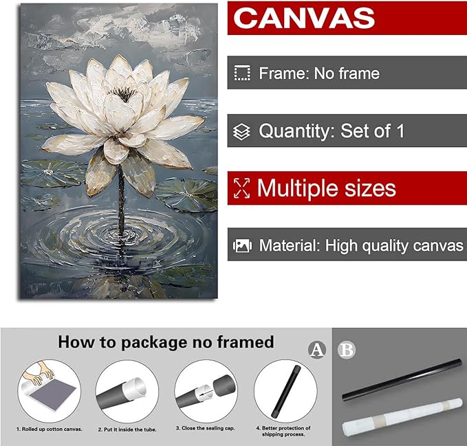 Stunning white lotus emerges from prismatic water with delicate petals background Serene aquatic wall art suitable for modern minimalist decor 12x18in Frameless