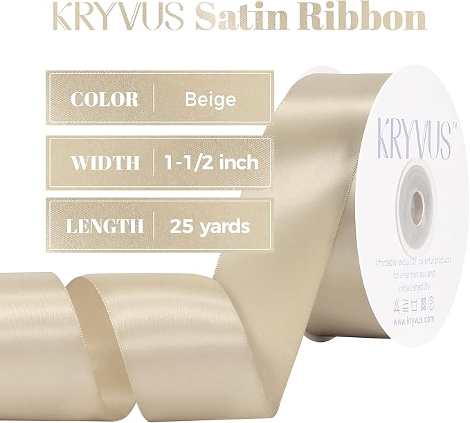 Beige Satin Ribbon, Double Faced 1-1/2 Inch X 25 Yards Beige Ribbon, Premium Satin Ribbon for Gift Wrapping, Crafts, Hair Bow Making, Sewing, Flower Bouquet, Wedding Party Decor