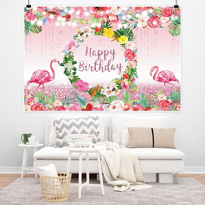 Renaiss 8x6ft Pink Flamingo Happy Birthday Backdrop Tropical Leaves Floral Hoop Winkle Hawaiian Photography Background Luau Aloha Party Decor Girls Birthday Photo Props Dessert Gift Table Banner
