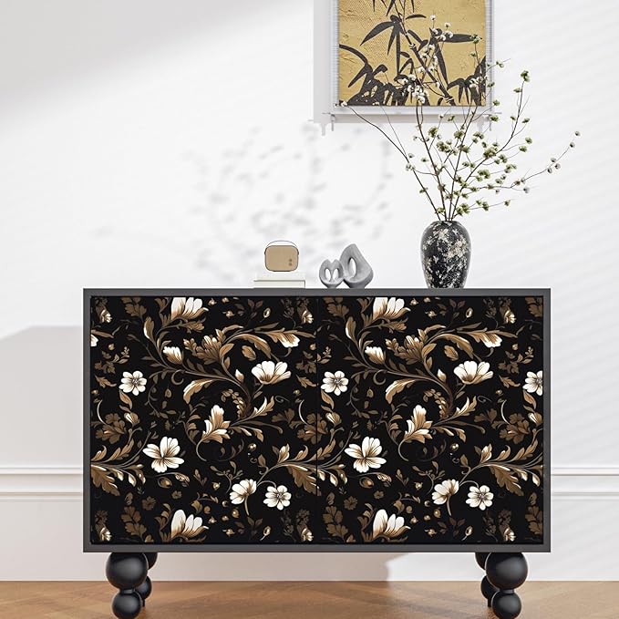 Vintage Wallpaper Peel and Stick Black Floral Wallpaper Black White Wall Paper Gold Leaf Contact Paper Waterproof Self-Adhesive Wall Covering for Bathroom Countertop Desk Cabinet 17.4" x 118"