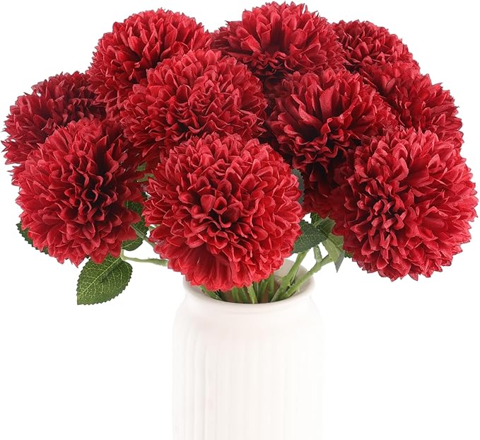 Hananona 12 Pcs Artificial Chrysanthemums Flowers Burgundy Red Flowers, Fake Mums Silk Flowers for Spring Home Decor Christmas Floral Arrangement Halloween Table Centerpiece (12, Burgundy)