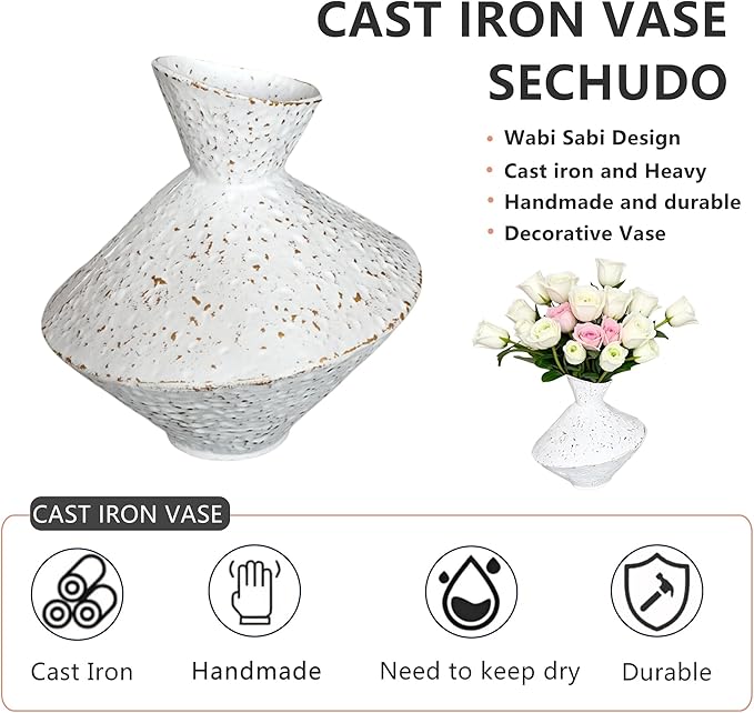 Cast Iron Decorative Vase, Dried Flower Rustic Vases, Wabi Sabi Vase for Modern Home Decor, Living Room, Shelf Decor, Enterway, Wedding, Office, Table, Bedroom, Kitchen, 8.86" H (White)