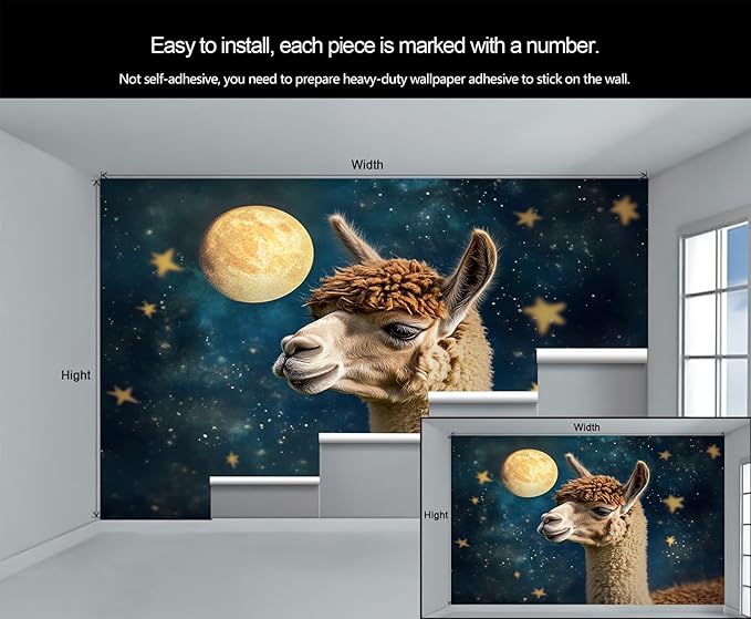 Starry Sky Alpaca Wall Mural, Dreamy Galaxy Moon Alpaca 3D Wall Murals, Cute Animal Wallpaper Mural, for Living Room Bedroom Large Wallpaper Indoor Decor 98.4" W x68.9 H