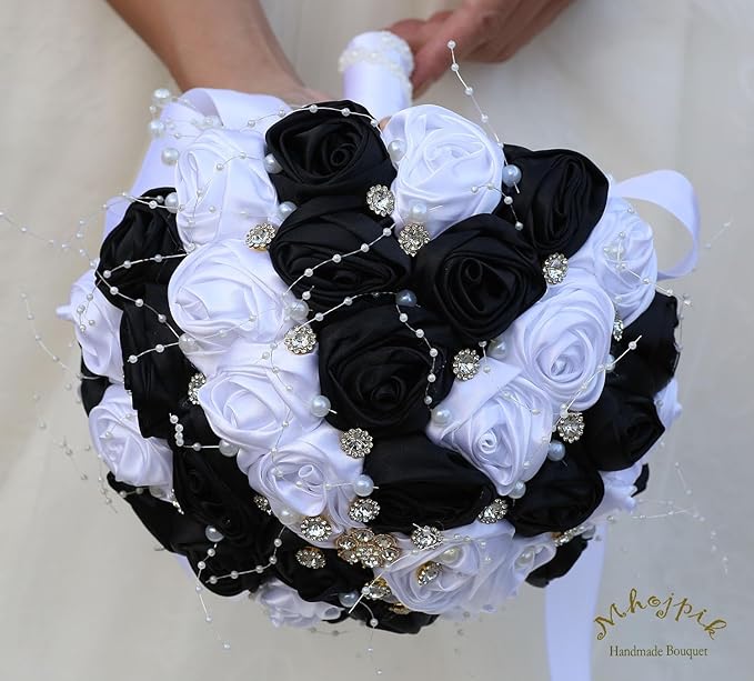 Bridal Wedding Bouquet Round Bling Brooch Bouquet Throw Toss Artificial Rose Flower Bunch for Bride Bridesmaid Wedding Quinceanera(White & Black, 9.8")