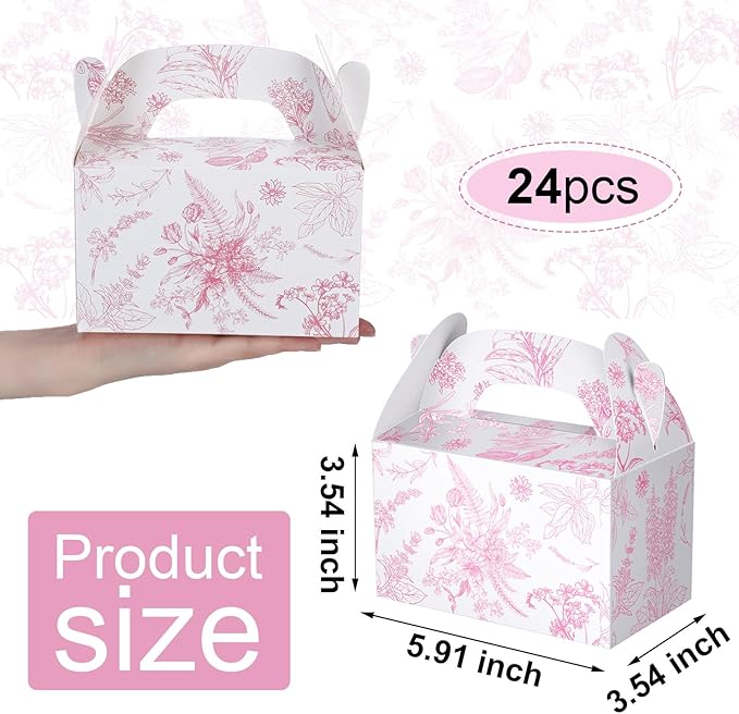 Dunzoom 24 Pack Pink Floral Paper Gift Boxes Party Favor Gift Gable Boxes with Chinoiserie Floral Printed Candy Treat Box for Wedding Birthday Tea Bridal Shower Party