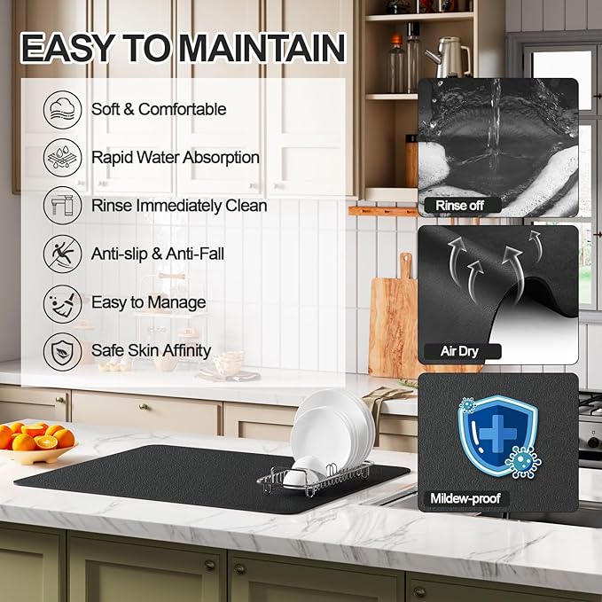 Dish Drying Mat for Kitchen Counter | Coffee Bar Mat for Countertops | Heat Resistant Drainer Mat with Non-slip Rubber Backed | Hide Stain Kitchen Absorbent Draining Mat | Black 18"x24"
