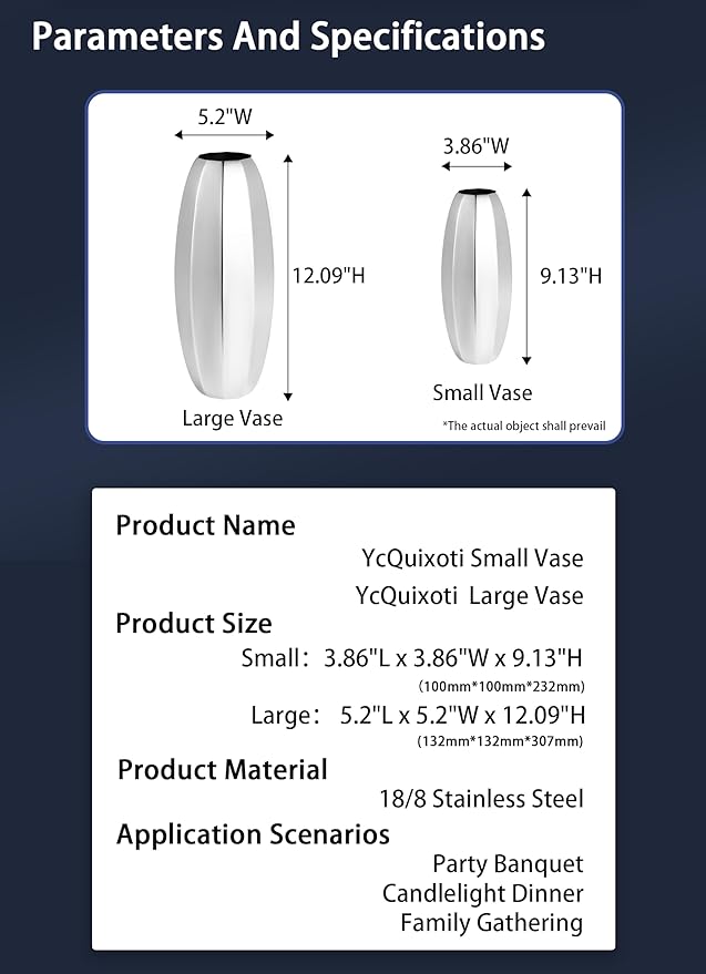 YcQuixoti Large Silver Prismatic Mirror 18/8 Stainless Steel Metal Vase 12.09 inches Tall. Ideal for Dried Flower Arrangements Decor Gift for Spa Wedding Home or Votive Candle Candle Gardens