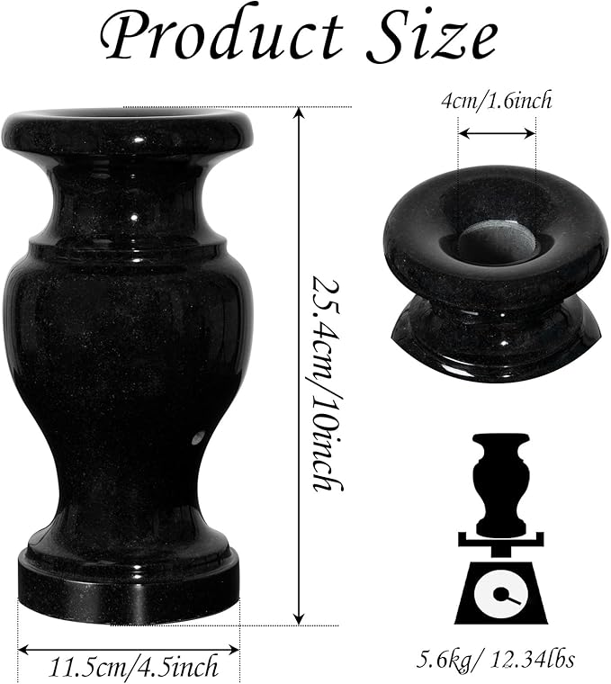 Cemetery Vase, Granite Grave Vase Polished, Black Memorial Stone Vases with Draining Hole for Home Tabletop, Cemetery Flowers, Grave Headstone Decorations (1pc, Polished Black)