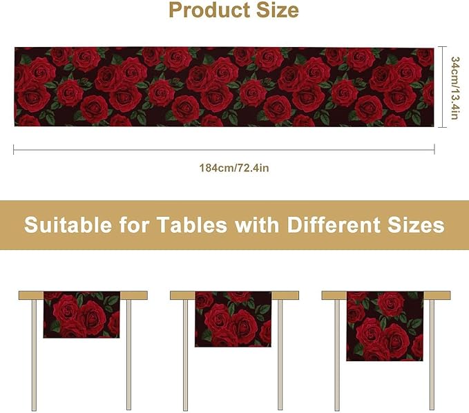 Red Rose Table Runner,Romantic Spring Summer Seasonal Table Runner for Indoor Outdoor Holiday Home Wedding Party 13x60 Inch