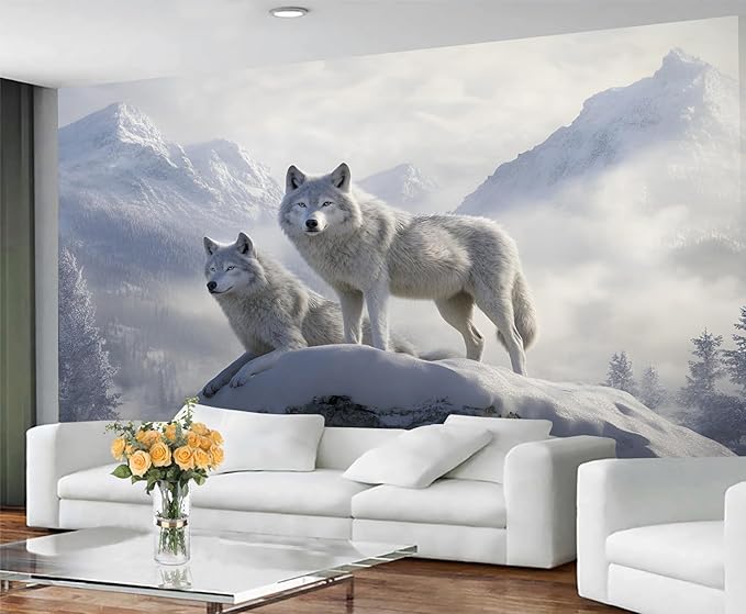 Arctic Wolves Wall Mural, Snow Wolves in Mountain 3D Wall Murals, Winter Wild Animal Wallpaper Mural, for Living Room Bedroom Large Wallpaper Indoor Decor 177.16" W x120 H