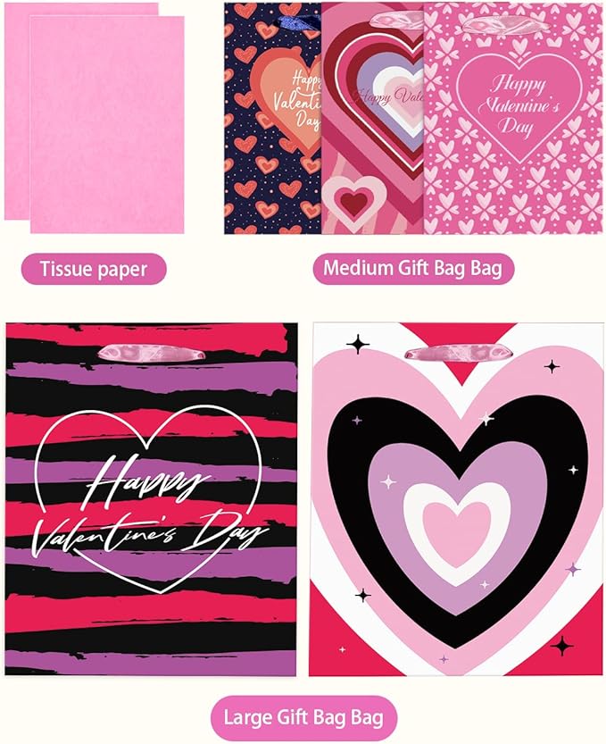qiqee Valentine 5PCS Gift Bag with Tissue Paper Assorted Size Present Wrap Bags For Lover (3 PCS Medium Size+2 PCS Large Size)