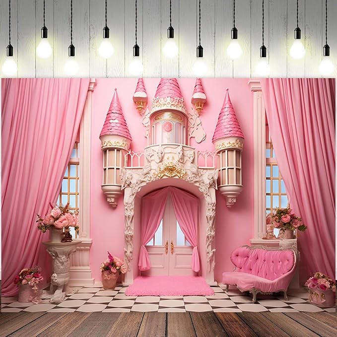 6x4ft Pink Princess Castle Backdrop Curtain Window Door Room Interior Background for Photography Sofa Flowers Vases Banner Decorations Girl Kids Birthday Baby Shower Party Photo Booth Props