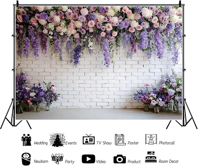 Baocicco Purple Floral Wall Backdrops 7x5ft Flowers White Brick Wall Backdrops for Photoshoot Valentine Day Decorations Anniversary Wedding Banner Supplies Birthday Baby Shower Photo Props