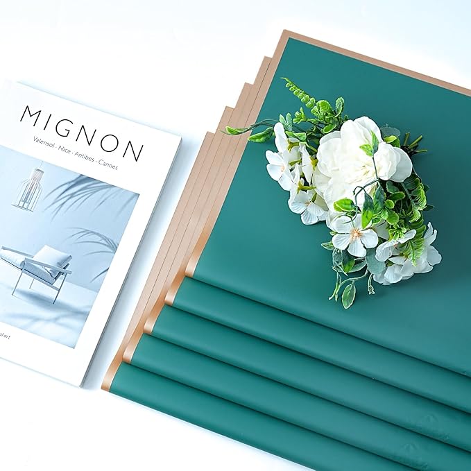 30 Sheets Emerald Green Gold Edge Flower Bouquet Wrapping Paper，Florist Supplies Waterproof Floral Bouquet Wrapping Paper Bouquet Accessorie，Flower Shop Packaging Pape for DIY Gift Wedding Birthday