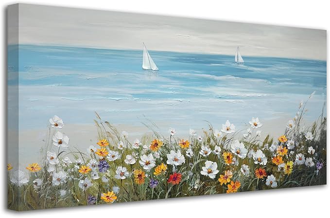 Ardemy Daisy Wall Art for Living Room, Floral Canvas Wall Art Ocean Flower Pictures Paintings Wall Decor Living Room Wildflower Artwork Dining Room Home Office Kitchen, 40"x20"