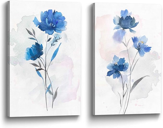 Bedroom Flower Canvas Wall Art: 2 Pieces Navy Blue Floral Prints Artwork Vintage Wildflower Bouquet Botanical Abstract Picture Painting for Living Room Bathroom Home Office