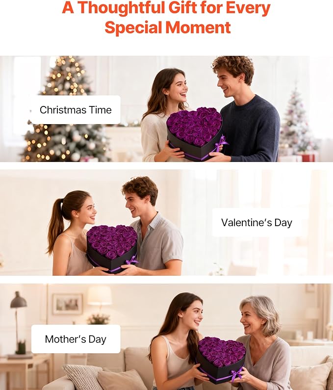 VEVOR Forever Flowers, 27 Preserved Roses in Heart Shape Box, Eternal Flowers Immortal Bouquet Birthday Present for Women Her Wife Mothers, Anniversary, Valentine's Day,Christmas, Purple
