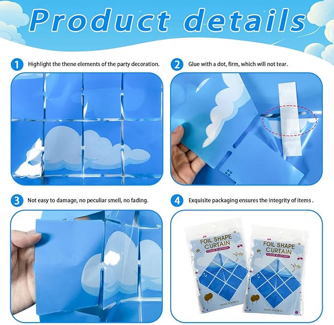 Blue Sky White Clouds Birthday Party Decorations 2 Pack Clouds Foil Fringe Curtains 3.28 x 6.56Ft Cartoon Story Tinsel Streamers Curtain Backdrop Birthday Baby Shower Cloud Theme Photo Booth Backdrop