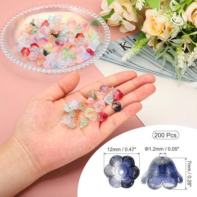 PATIKIL Glass Trumpet Flower Beads, 200 Pcs Gradient Flower Bead Charm for Jewelry Making DIY Craft, Bracelets, Earrings, Necklaces Decorations, Black, Gold