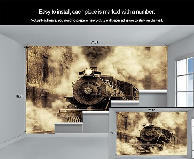Vintage Steam Train Wall Mural, Industrial Train Engine 3D Wall Murals, Retro Railway Steam Engine Wallpaper Mural, for Living Room Bedroom Large Wallpaper Indoor Decor 177.16" W x120 H