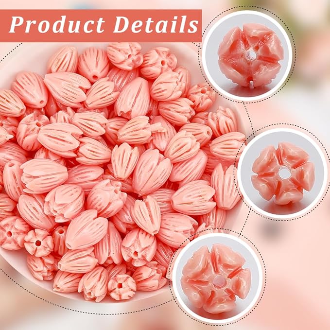 1 Box 100Pcs 2 Styles Carved Coral Beads 3D Flower Beads Pink Jasmine Small Artificial Floral Dyed Synthetic Coral Smooth Loose Spacers Findings for Jewelry Making Bracelet Necklace DIY Craft