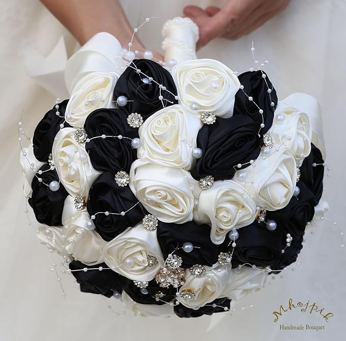 Bridal Wedding Bouquet Round Bling Brooch Bouquet Throw Toss Artificial Rose Flower Bunch for Bride Bridesmaid Wedding Quinceanera(Black & Ivory, 8.7")