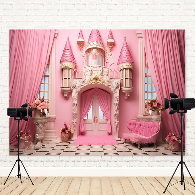 10x6.5ft Pink Castle Backdrop Room Door Curtain Photography Background Flowers Vases Sofa Princess Girl Birthday Banner Decorations Newborn Baby Shower Wedding Party Portrait Photo Booth Prop