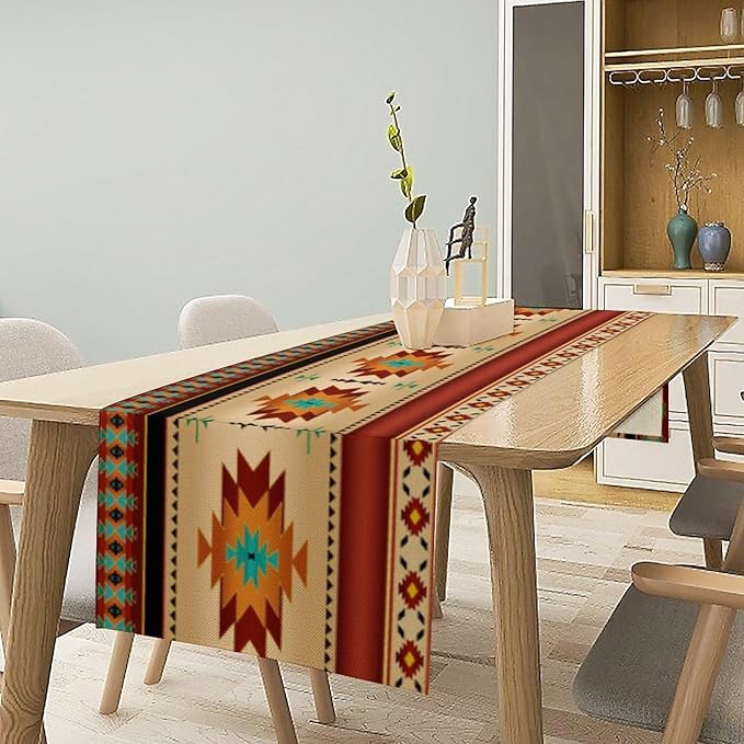 Aztec Southwest Table Runner, Ethnic Style Geometric Triditional Kitchen Table Runners Table Setting Decor for Garden Farmhouse Wedding Party Holiday Dinner Home, 13x60 Inch