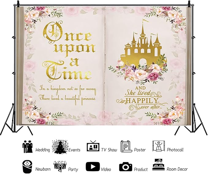 12x8ft Once Upon a Time Backdrop Fairy Tale Books Pink Floral Princess Castle Photography Background Romantic Wedding Birthday Party Banner Decorations Cake Table Decor