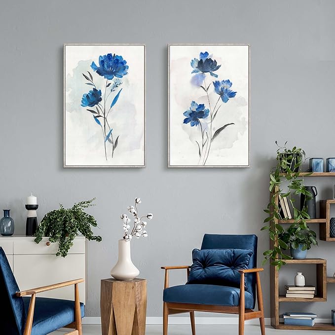 Flower Canvas Framed Wall Art: 2 Pieces Navy Blue Floral Prints Artwork Vintage Wildflower Bouquet Botanical Abstract Picture Painting for Living Room Bathroom Home Office
