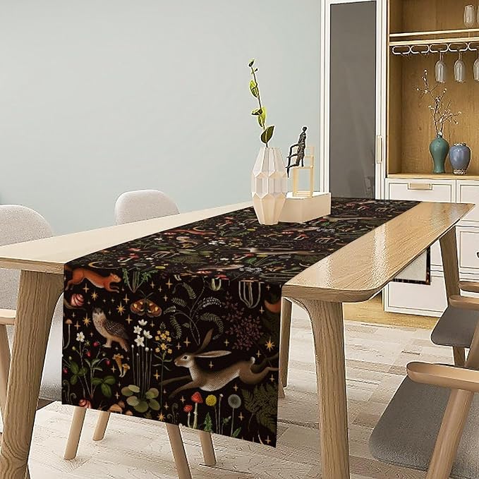 Rustic Forest Table Runner, Farmhouse Country Fairy Woodland Wild Animals Butterfly Mushroom Table Runner for Home Kitchen Dining Table Decor, 13x36inch