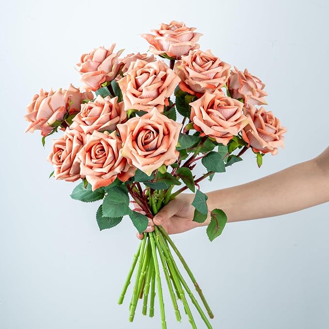 Fake Roses Faux Flowers Silk Roses 16.5In Artificial Roses with Stems Realistic Artificial Flowers Suitable for Indoor Home Decoration Diy Bouquet Wedding Decoration Party Decor 12PCS Khaki