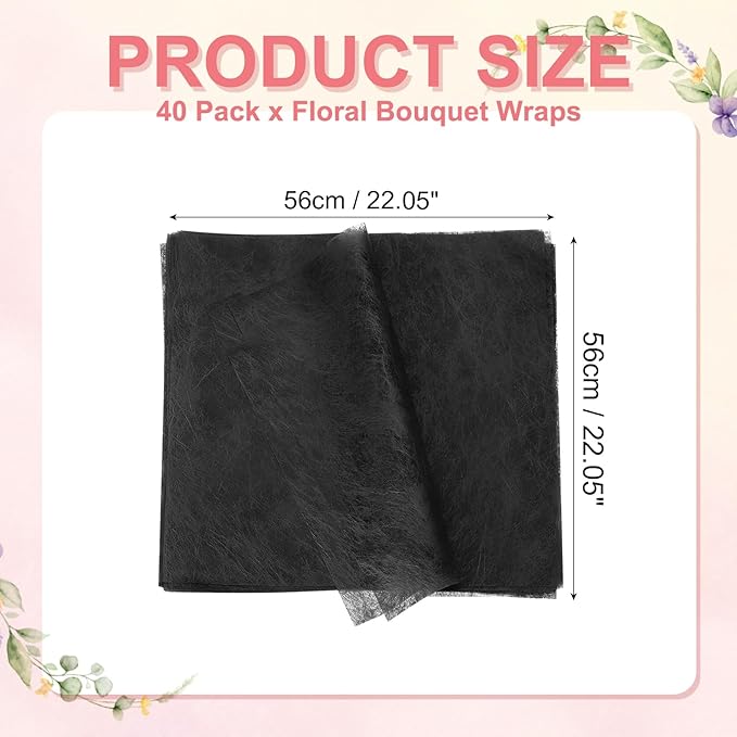YELARXI Flower Wrapping Paper, Cotton Wrapping Flower Paper, Non-Woven Waterproof Floral Bouquet Wraps - Fitting for (Florist Supplies/Gift) 22 x 22 Inch & 40 Pack & Black